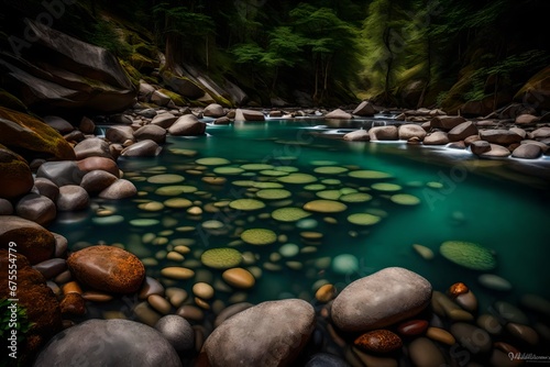 Nestled among the green mountains, a tranquil river flows with elegance and grace - AI Generative