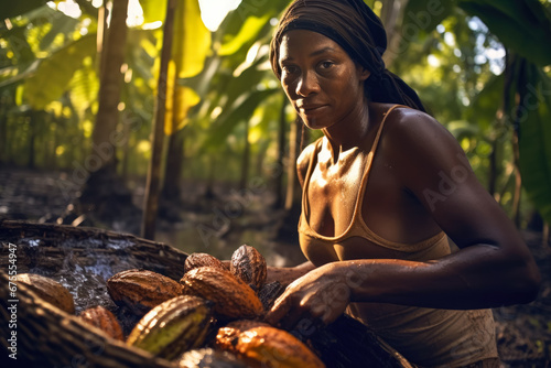 Cocoa picker, woman working in jungle, cacao fruit in basket near. Generative AI photo