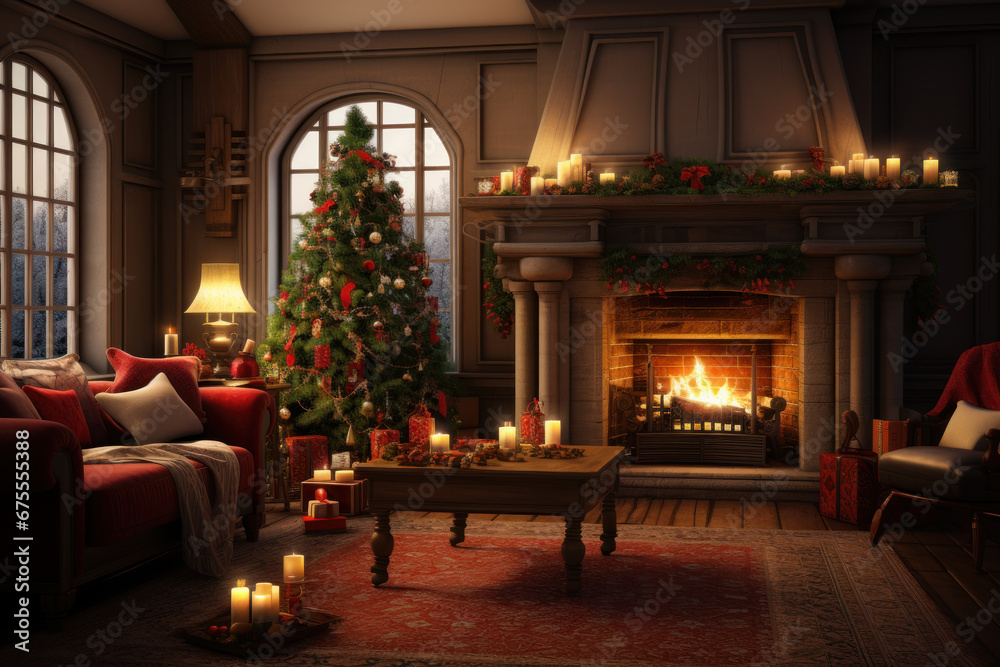 Vintage-style living room with a well-adorned fireplace and a Christmas tree, embodying the essence of the festive season. A Christmas greeting card is born. Generative Ai.