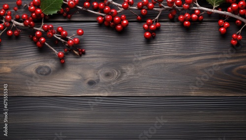 christmas berry branch and berries on wood Generative AI photo