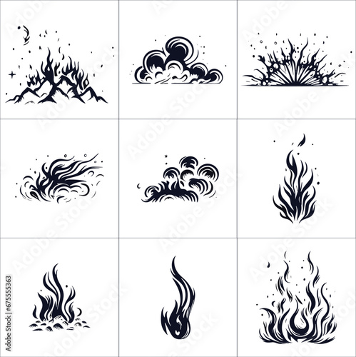 set of black and white fire elements