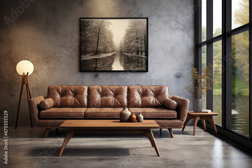 The interior of a modern room features a comfortable sofa, serving as a blurred backdrop that captures the essence of contemporary living. Generative Ai. © Sebastian