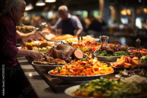 Patrons at a restaurant indulge in a buffet filled with a variety of meats, colorful fruits, and vegetables. People gather to enjoy a buffet indoors. Generative Ai.