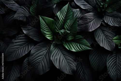 Abstract black leaves create a textural tropical leaf background in a flat lay format  capturing the essence of dark nature. Generative Ai.