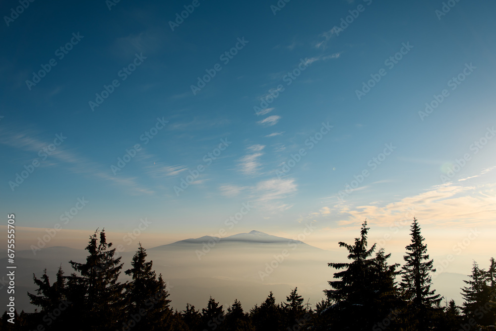 View on snow covered mountain peak with fir trees on foreground and beautiful blue sky