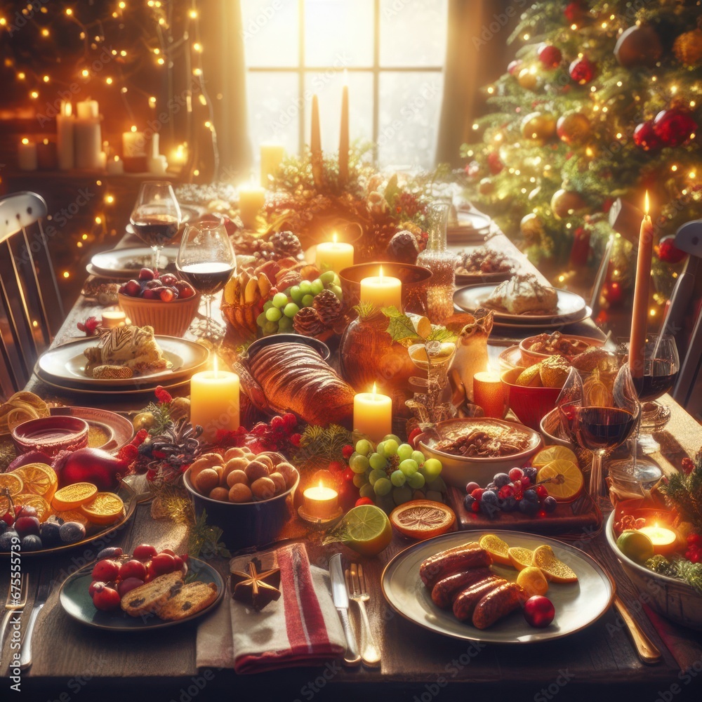 enormous christmas feast laid out on table with decorations and ornaments generative ai
