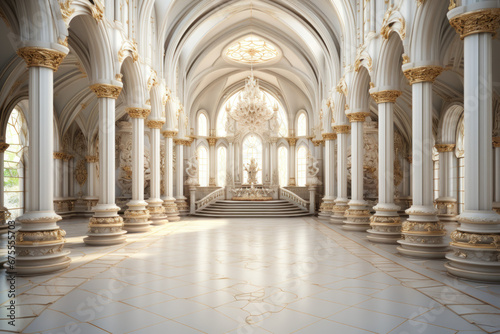An opulent royal palace interior, crafted from fantasy white gold marble, evokes a sense of regality. This conceptual artwork captures the ambiance of a castle's interior. Generative Ai. photo