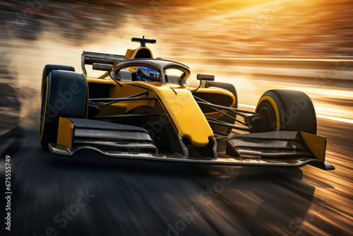 A racing car speeds around the track, with a racer at the wheel. This motor sports competition showcases the intensity of high-speed racing, depicted with motion blur. Generative Ai. © Sebastian