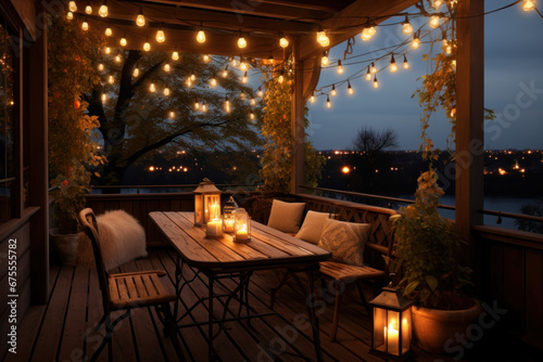 An outdoor terrace adorned with string lights offers a scenic view, creating a cozy ambiance during an autumn evening. Generative Ai. © Sebastian