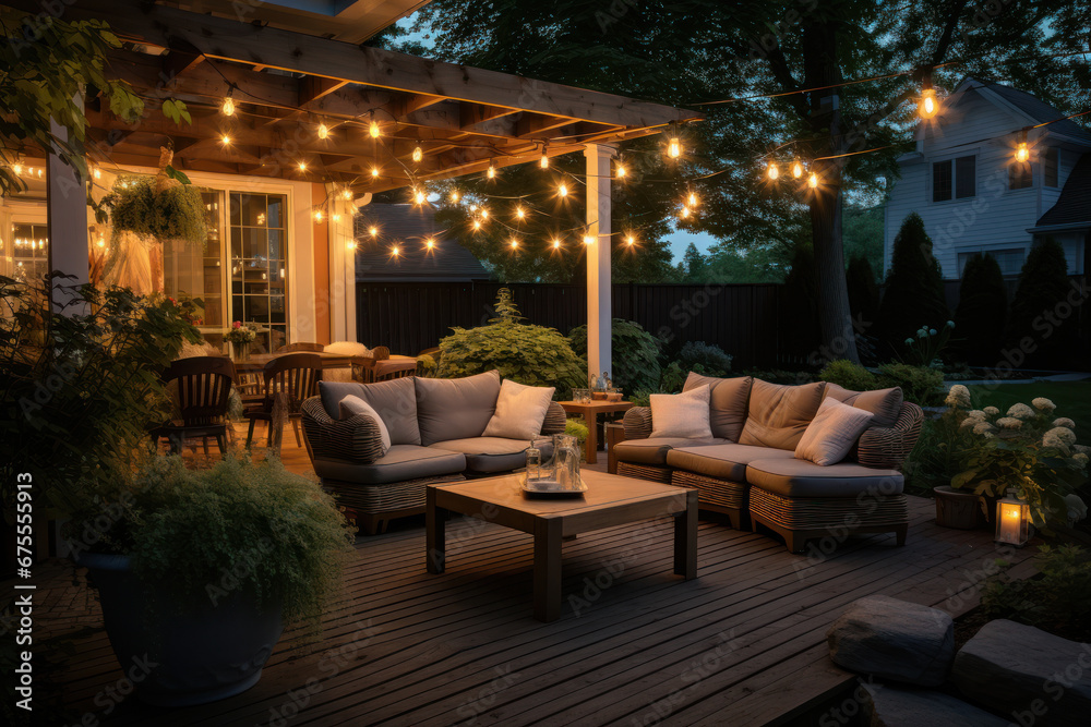 A summer evening transforms a suburban house's patio into a charming oasis, complete with wicker furniture, lights, and lanterns.  Generative Ai.