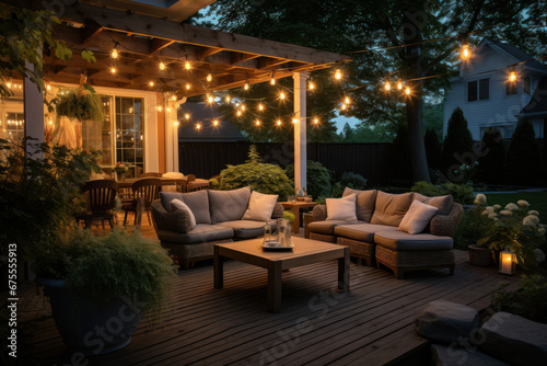 A summer evening transforms a suburban house's patio into a charming oasis, complete with wicker furniture, lights, and lanterns.  Generative Ai. © Sebastian