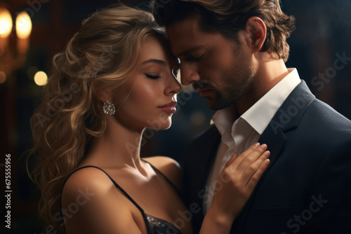 A passionate couple elegantly dressed embraces in an enchanting fashion shot, radiating a sense of luxury and style. Generative Ai.
