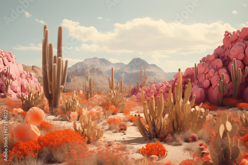 Surreal Desert Landscape with Colorful Flora and Cacti
