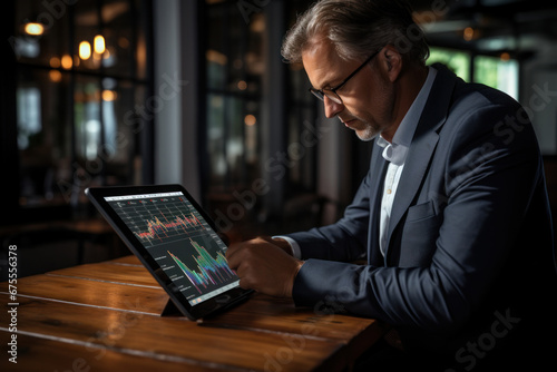A businessman uses a tablet to analyze a technical graph chart, highlighting the process of investor analysis in the stock market, aiming for dividend profits and managing stop losses. Generative Ai.