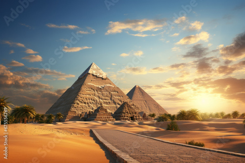 The Egyptian flag displayed near the iconic pyramids in Giza. Concept of historical wonders and heritage. Generative Ai.