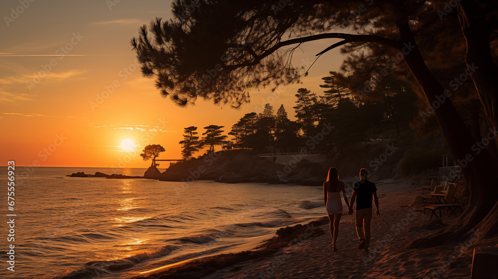 Sunset Beach Stroll: A couple walking along a tranquil beach during a romantic sunset, creating a picture-perfect Valentine's Day scene