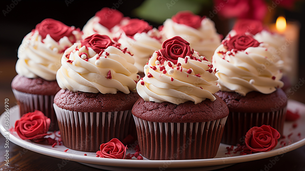 Red Velvet Cupcakes: A display of luscious red velvet cupcakes adorned with cream cheese frosting, an indulgent Valentine's Day treat
