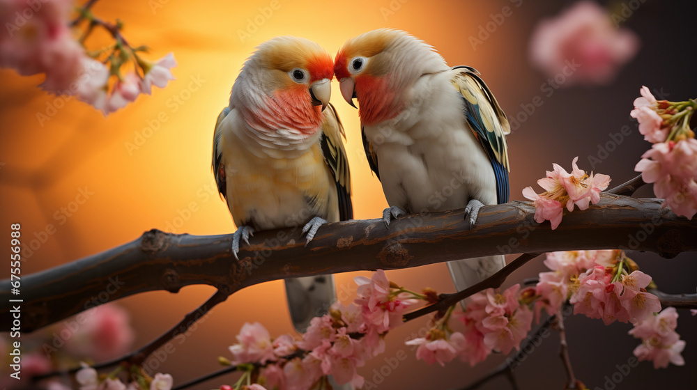 Lovebirds in a Park: A pair of vibrant lovebirds perched on a tree branch in a park, echoing the theme of love on Valentine's Day