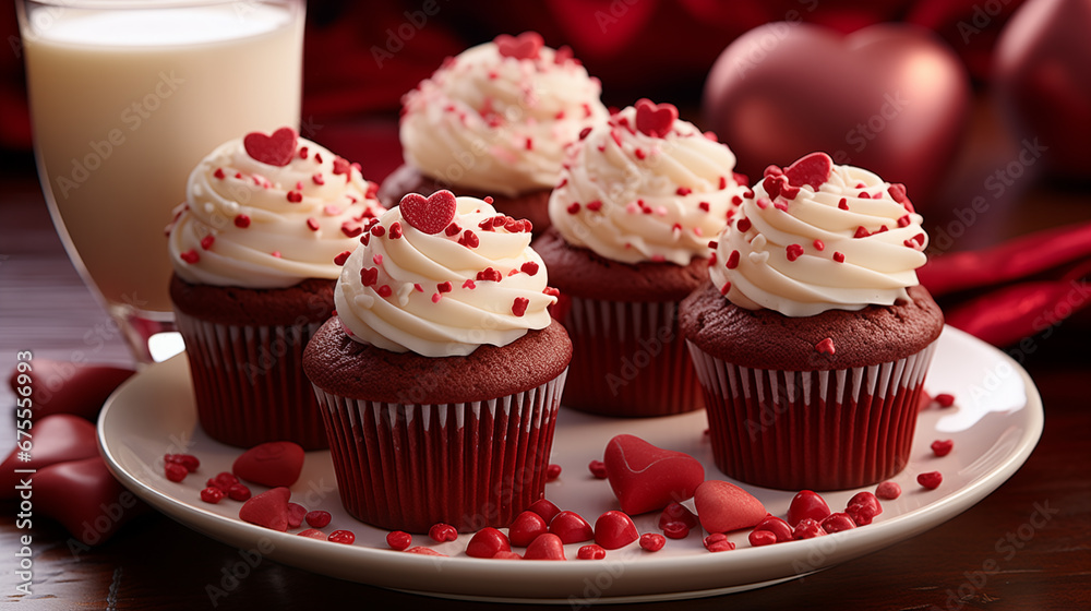 Red Velvet Cupcakes: A display of luscious red velvet cupcakes adorned with cream cheese frosting, an indulgent Valentine's Day treat