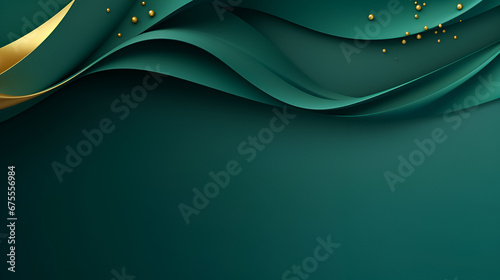 emerald green and gold Christmas festive fabric draped background with gold elements and sparkles, copy space for greeting text or advertisement. christmas and new year background concept photo