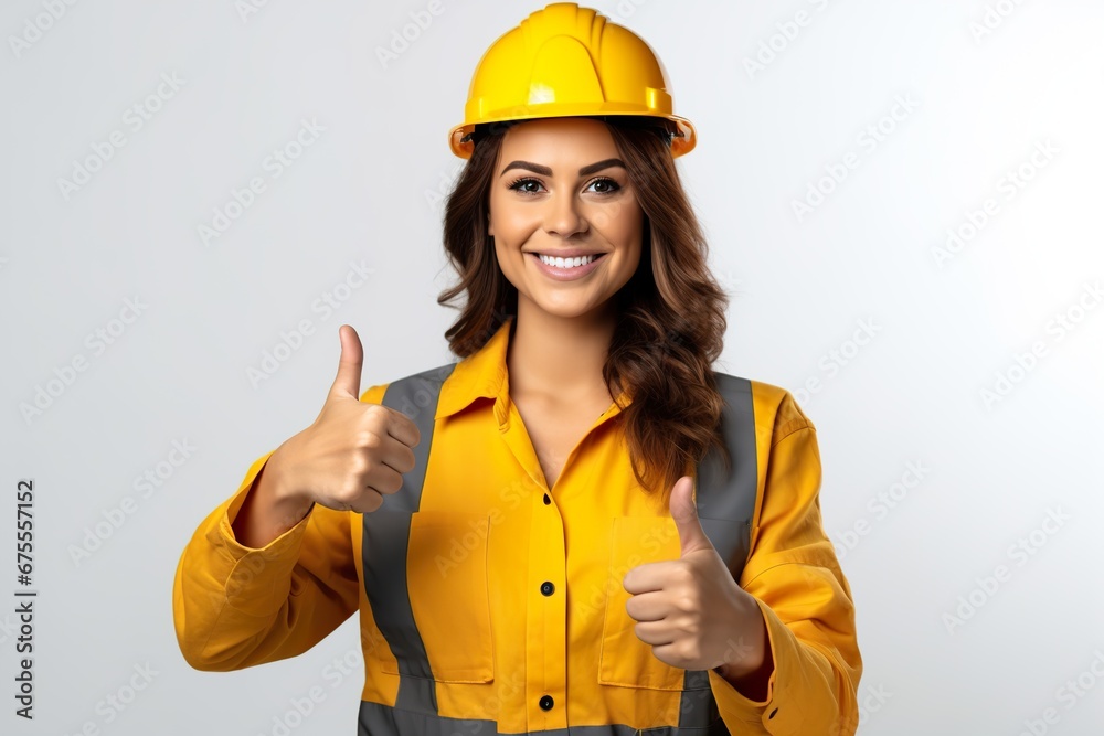 Happy Construction female worker thumb up first day on the job white background Happy Construction female worker thumb up first day on the job white background