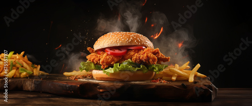 fresh crispy fried chicken burger sandwich with flying ingredients and spices hot ready to serve and eat food commercial advertisement menu banner with copy space area photo