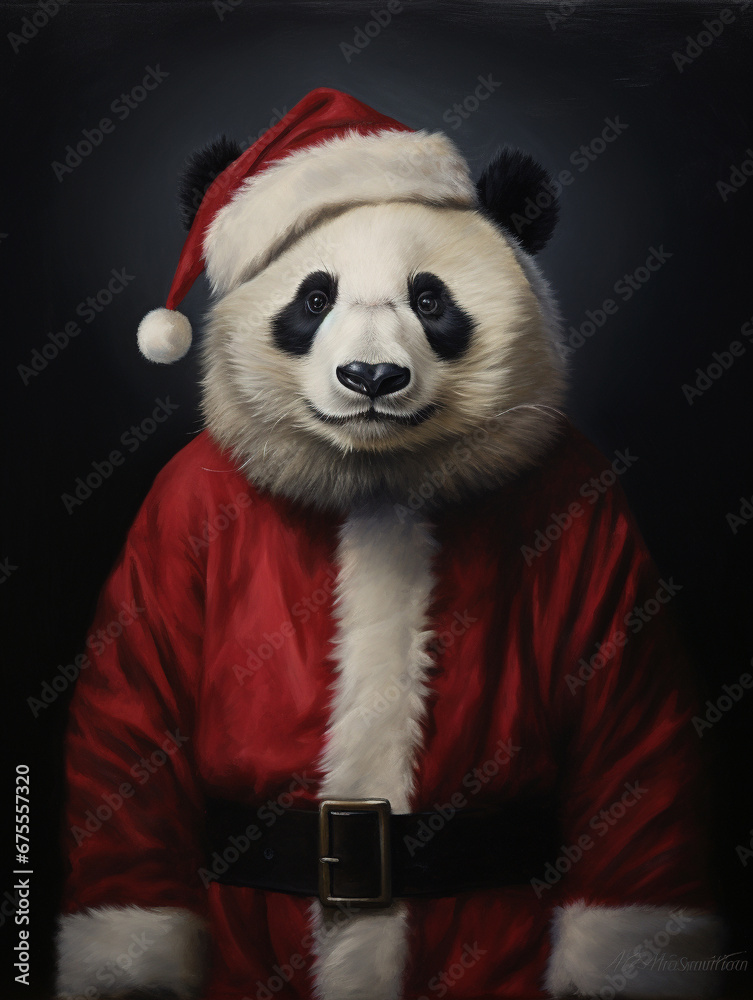 An Oil Painting Portrait of a Panda Dressed Like Santa Claus