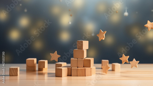 Close up of small wooden block cubes on the ground. Image for business industry and ideas. New perspectives  photo