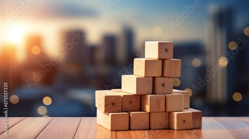 Close up of small wooden block cubes on the ground. Image for business industry and ideas. New perspectives  © Loucine