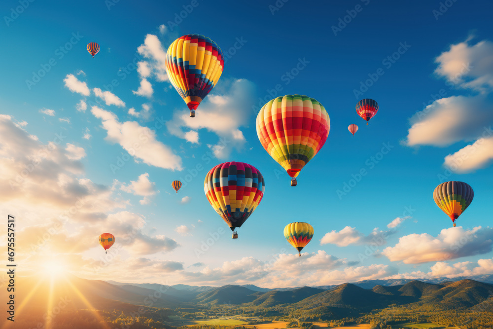 A hot air balloon festival with vibrant balloons taking flight on Australia Day. Concept of aerial displays and excitement. Generative Ai. - obrazy, fototapety, plakaty 