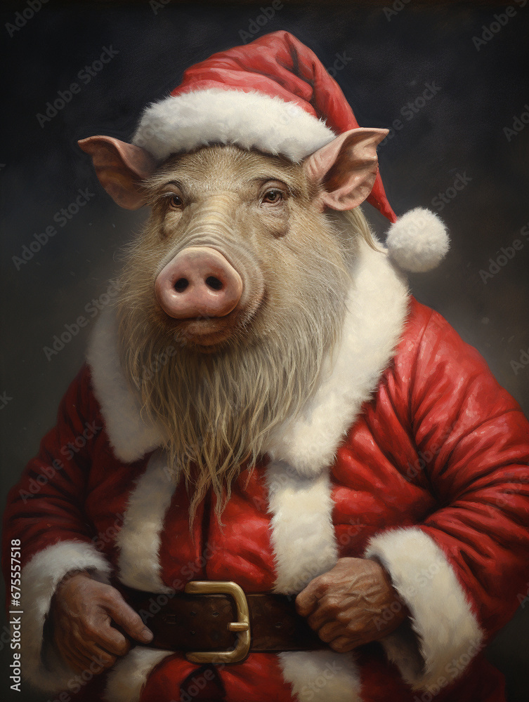 An Oil Painting Portrait of a Warthog Dressed Like Santa Claus An Oil Painting Portrait of a Warthog Dressed Like Santa Claus