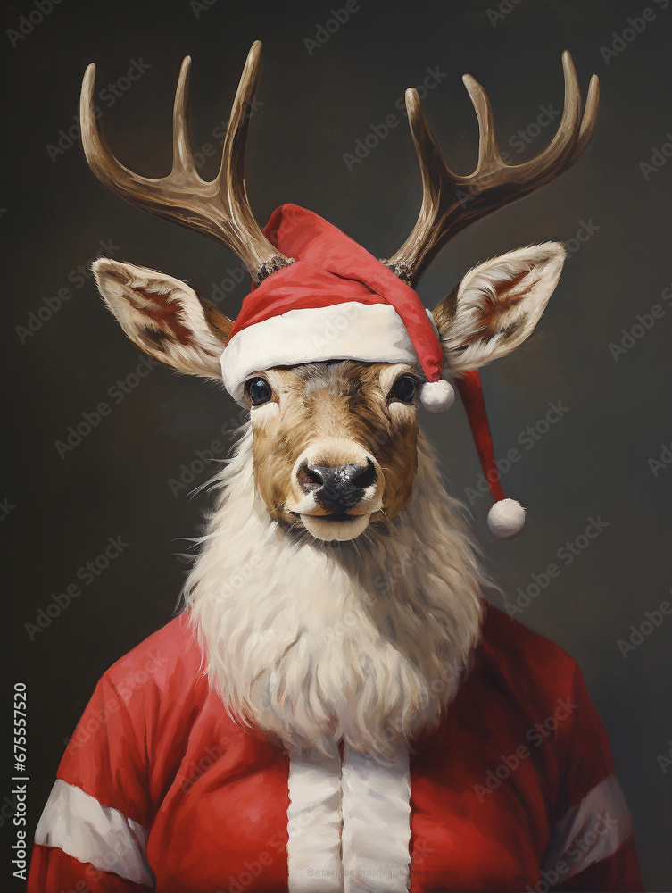 Φωτογραφία An Oil Painting Portrait of an Antelope Dressed Like Santa Claus