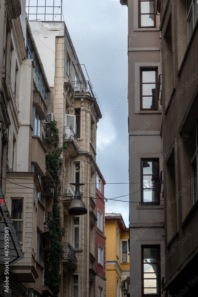 View of old, historical, ornamental buildings on Istiklal Avenue in Istiklal  street of  Beyoglu, Istanbul.