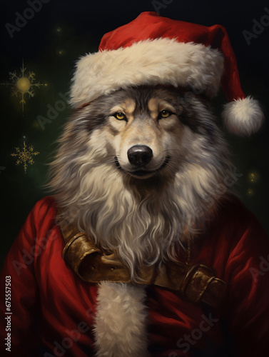 An Oil Painting Portrait of a Wolf Dressed Like Santa Claus