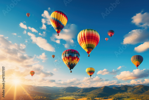 A hot air balloon festival with vibrant balloons taking flight on Australia Day. Concept of aerial displays and excitement. Generative Ai. photo