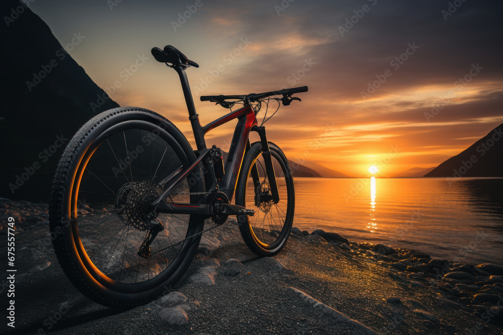 Fototapeta premium A silhouetted cyclist riding along a scenic coastal road during sunset. Concept of outdoor activities and adventure. Generative Ai.