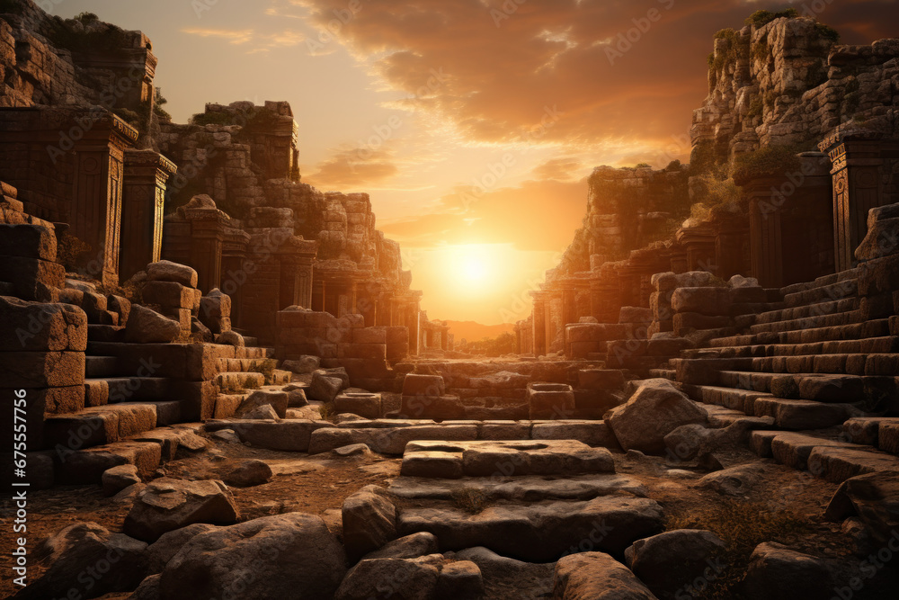 The golden light of a setting sun illuminating an ancient temple ruins. Concept of historical sites and cultural heritage. Generative Ai. - obrazy, fototapety, plakaty 