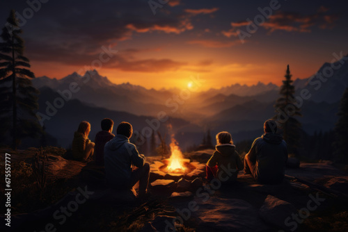 A family gathered around a campfire in the wilderness, watching the sun disappear. Concept of outdoor bonding and traditions. Generative Ai.