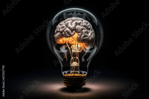 Brain Power and Energy inside Glass Light Bulb, Human Intellect and Innovation Concept, Generative AI