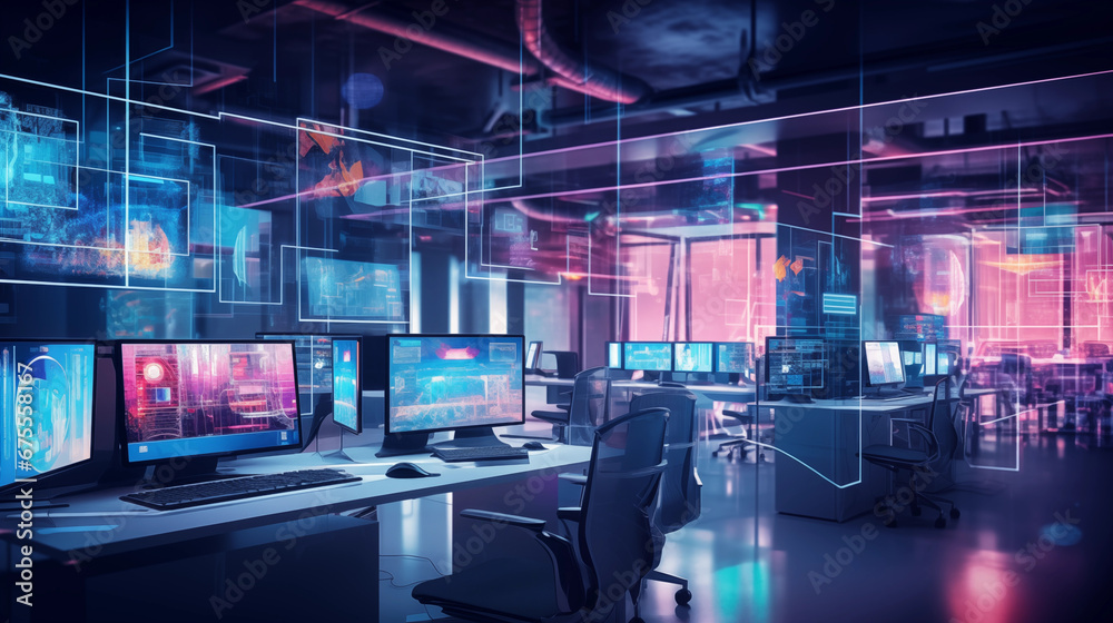 Fototapeta premium Futuristic Office Environments Empowered by AI, AI Generated