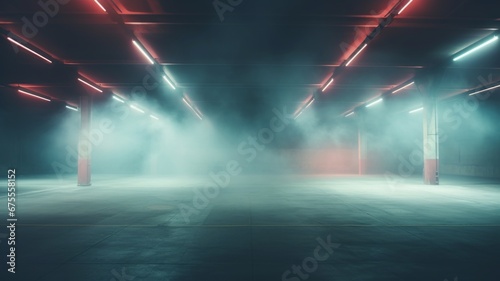 empty parking garage background with dappled light streaking across the floor and walls, muted cyan and red tones, cyc, empty, fog, smoke, abstract