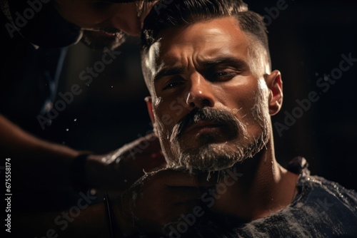 A close-up of a straight razor gliding smoothly over a well-lathered cheek during a classic shave. Concept of timeless grooming techniques. Generative Ai.