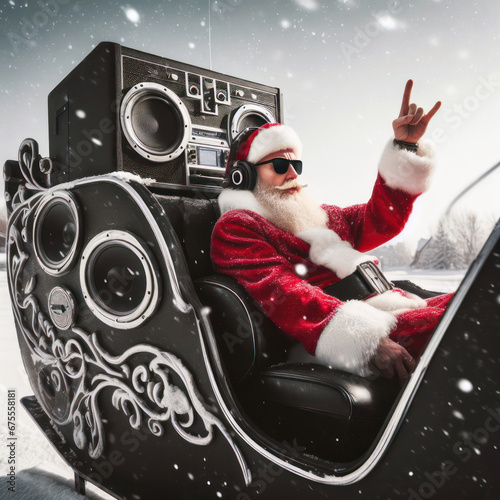 santa with a massive sound system riding in the sleigh generative ai