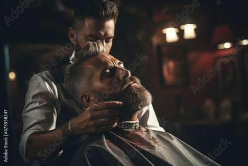 A barber's hands skillfully trimming a client's beard, emphasizing precision and style. Concept of meticulous facial hair grooming. Generative Ai.