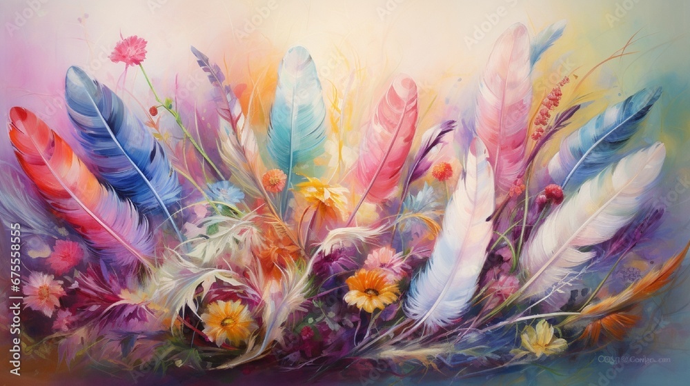 Feathers with an array of colors, bathed in dewdrops, resting on a bed of vibrant wildflowers in the early morning.