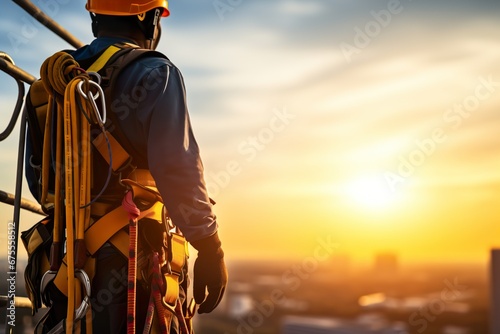 Working at height equipment. Fall arrestor device for worker with hooks for safety body harness photo