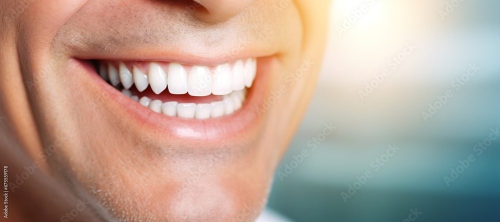 Obraz premium Generative AI, senior man mouth or teeth smiling, hygiene or dental cleaning cosmetic service..