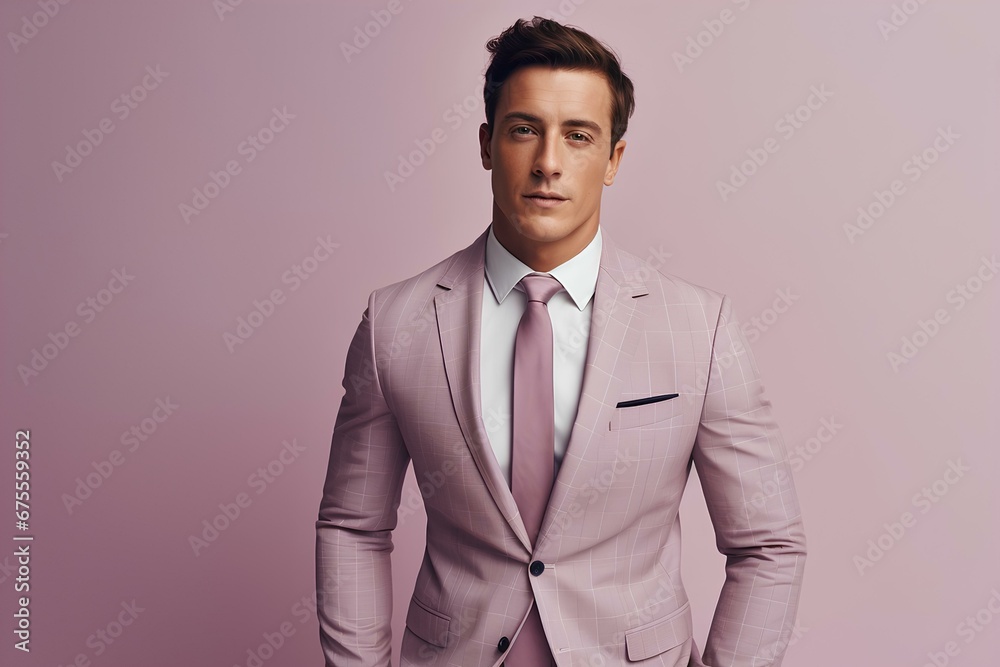 A confident man struts his stuff in a tailored plaid suit, on a minimalistic simple bright background. generative AI A confident man struts his stuff in a tailored plaid suit, on a minimalistic simple bright background. generative AI