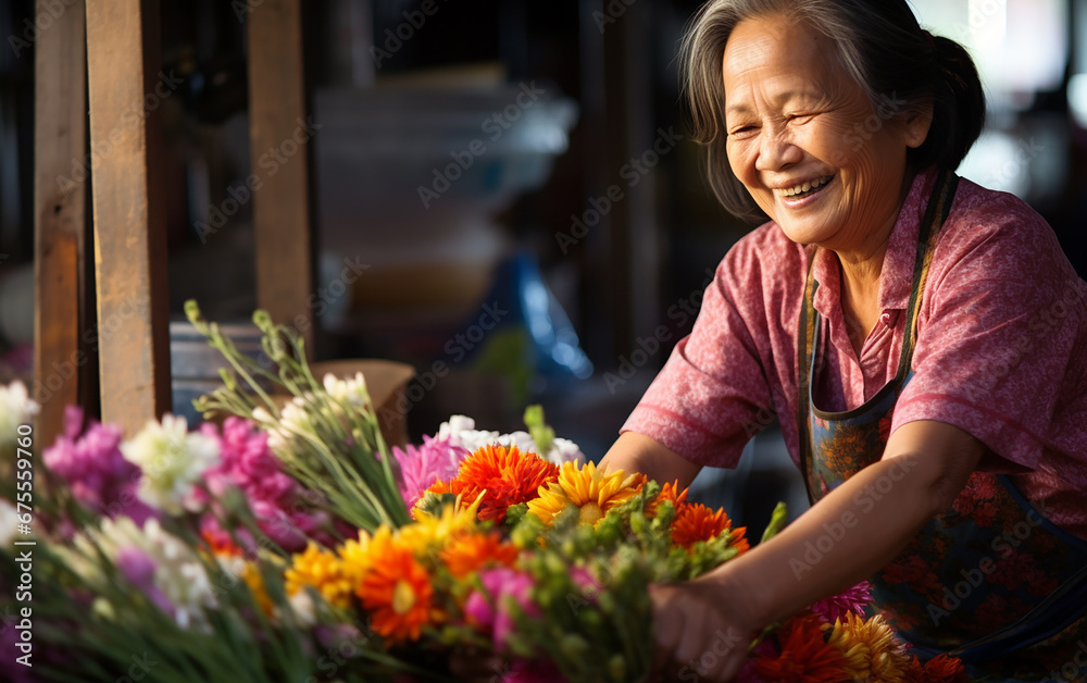 Picture of beautiful old asian lady florist while working. Picture of beautiful old asian lady florist while working.