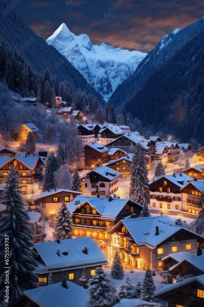 Christmas backdrop with snow-covered alpine village. Serene mountains valley. - obrazy, fototapety, plakaty 